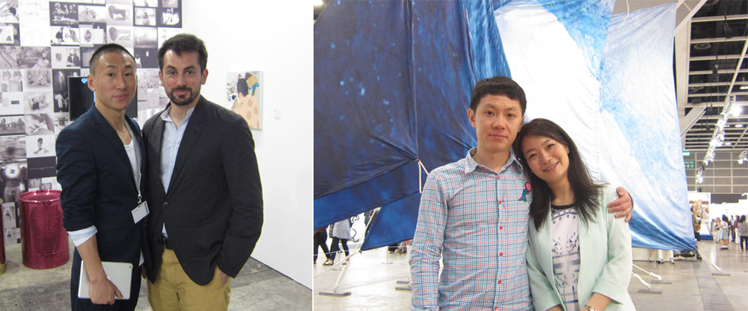 左：天线空间负责人王子与策展人Pierre Lefort；右：艺术家徐渠与佩斯画廊北京空间的王蓓.