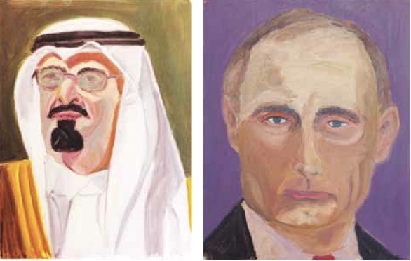 左：乔治・W・布什，《阿卜杜拉国王》，2013，板上油画，约20 x 16&#8220;。右：乔治・W・布什，《弗拉基米罗维奇・普京》，2013，板上油画，约20 x 18&#8221;。