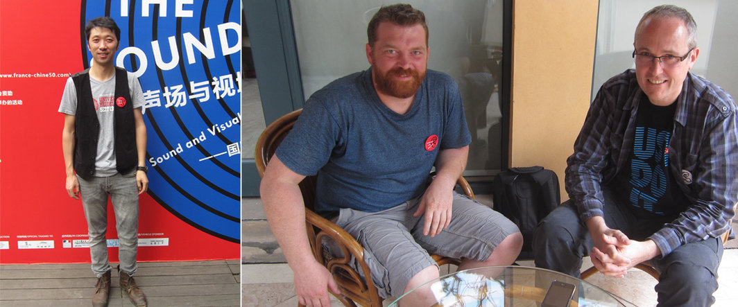左：四川音乐学院电子音乐系的白小墨；右：音响工程师Jacques-Daniel Pillon与Grame技术负责人Christophe Lebreton.