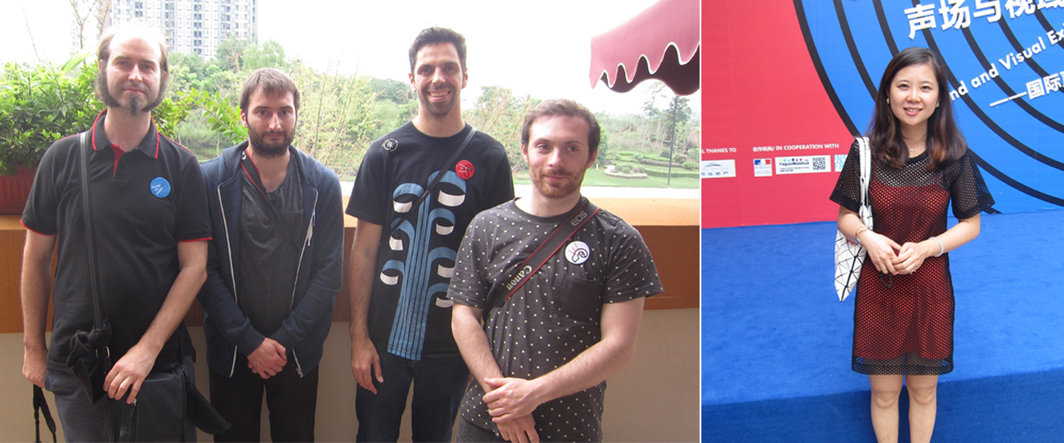 左：音响工程师David-Olivier Lartigaud，Damien Bias，François Brument与Johann Aussage；右：那特画廊负责人吕婧.