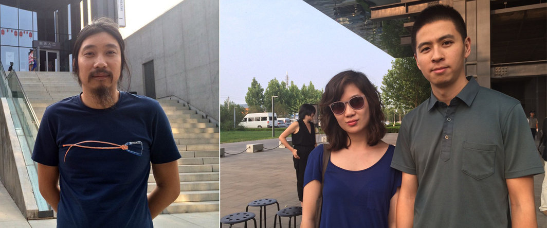 左：策展人鲍栋；右：艺术家胡晓媛与仇晓飞.