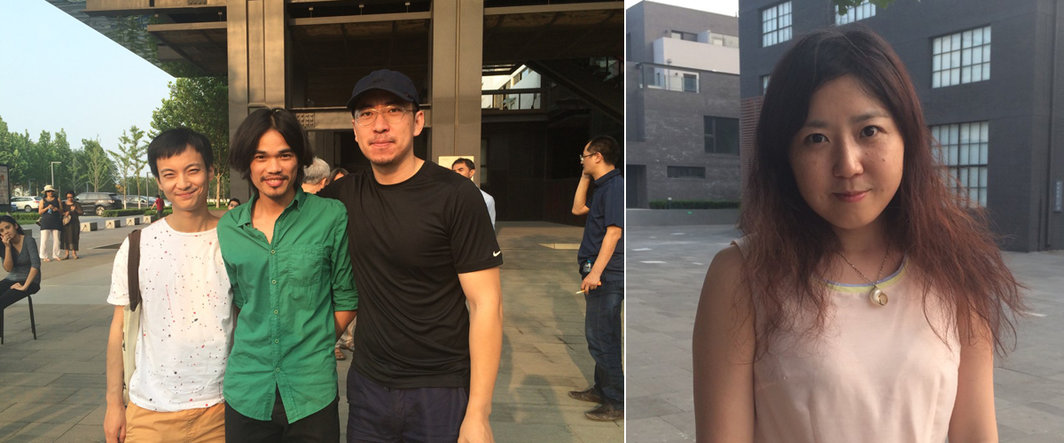 左：艺术家辛云鹏，梁半与卢征远；右：策展人付晓东.