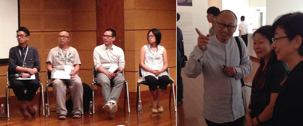 左：艺术家林欣杰，马永峰，李根在与郭倩齐；右：策展人冯博一向何香凝美术馆馆长乐正维（右一）介绍作品.