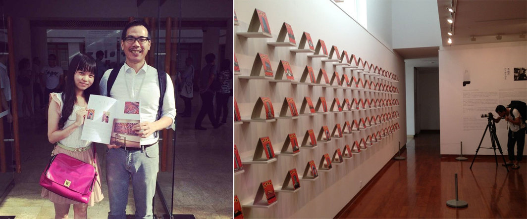 左：普通观众Hui与艺术家李根在；右：李根在的互动装置.