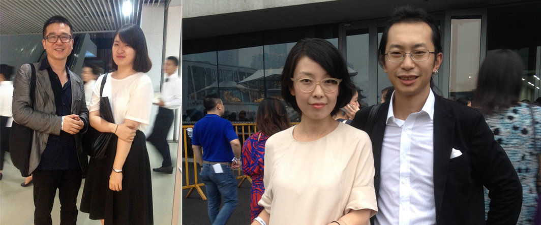 左：收藏家乔志斌与其女儿乔丹；右：雅昌艺术网副经理管予与尤伦斯当代艺术中心副馆长尤洋.