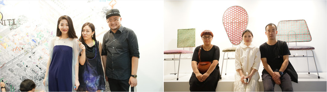 左：独立策展人键崔（右一）及其友人；右：参展设计师虞琼洁（中）及其同事.