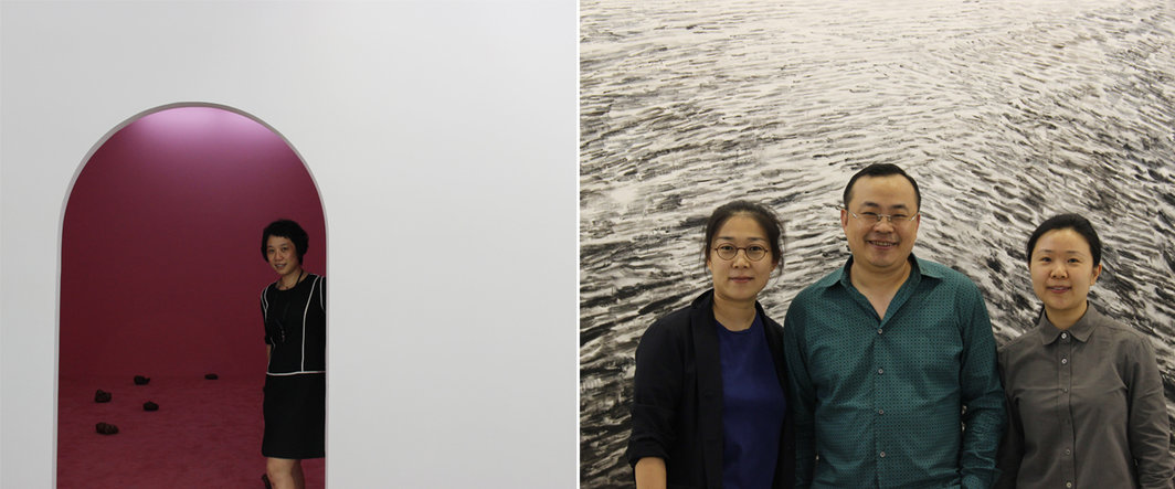 左：香港白立方画廊总监周晓雯(Laura Zhou)；右：空白空间的田原，昊美术馆馆长郑好与艺术家石至莹.