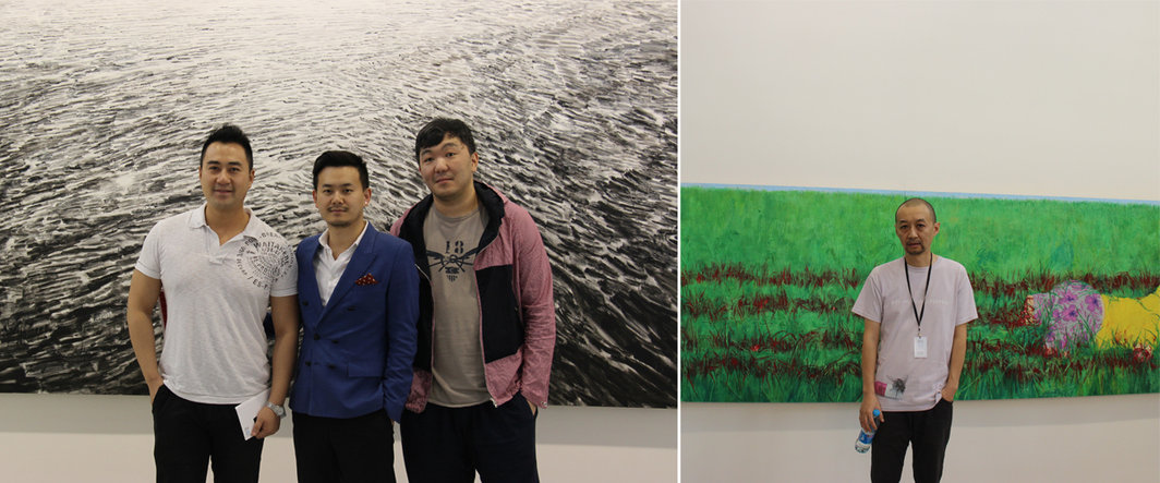 左：收藏家黄予，周大为与赵友厚；右：北京现在画廊负责人黄燎原.