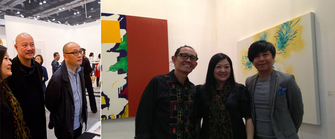 左：艺术家叶永青与张晓刚；右：艺术家范姜明道，策展人胡永芬与台湾非常庙总监胡朝圣.