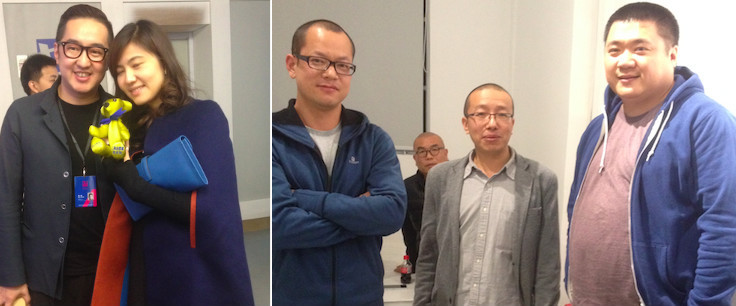 左：ART021的创始人包一峰及友人；右：艺术家唐永祥，李宁与丁力.