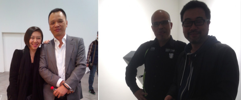左：合艺典藏的王泡泡，M50总经理金伟东；右：理论家陆兴华与艺术家杨振中.
