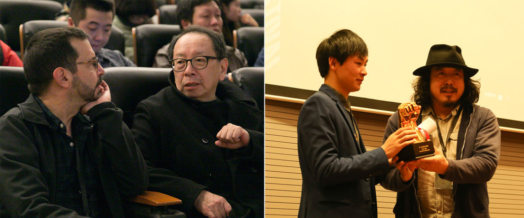 左：终审评委谢枫（Shelly Kraicer）与评委会主席林旭东；右：CIFF策展人杨城为《犴打罕》导演顾桃补发2013年“真实人物奖”.