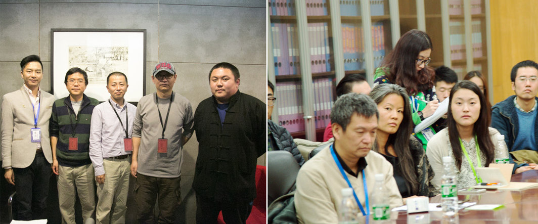 左：CIFF组委会成员陈平,短片竞赛单元评委舒浩仑,中山大树,CIFF运营总监王飞；右：独立电影传播论坛现场，北京电影学院教授张献民，钱盈，翻译温梦晨、徐亦婧.