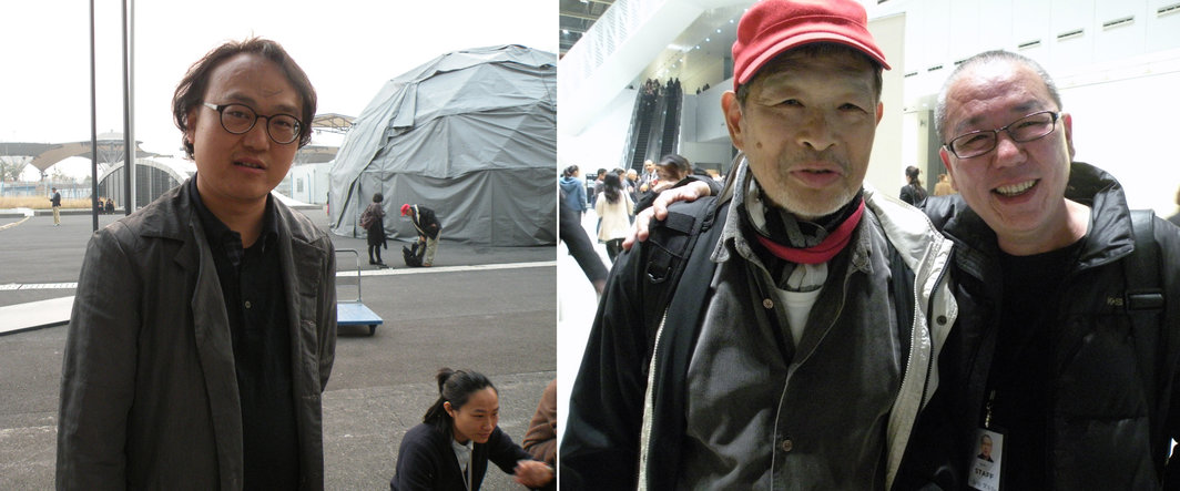 左：上海双年展学术委员会委员高士明；右：台湾戏剧导演王墨林与艺术家陈界仁.