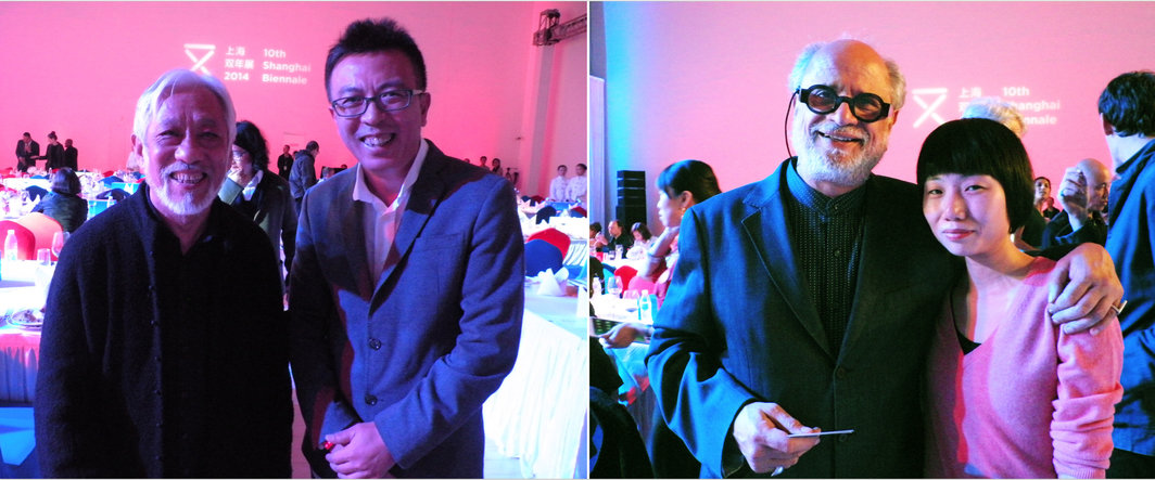 左：栗宪庭电影基金会创始人栗宪庭与艺术家刘小东；右：霍米・巴巴（Homi Bhaha）与《ArtReview Asia》主编林昱.