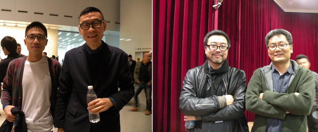 左：艺术家刘窗与汪建伟；右：艺术家杨振中与新时线媒体艺术中心的张庆红.