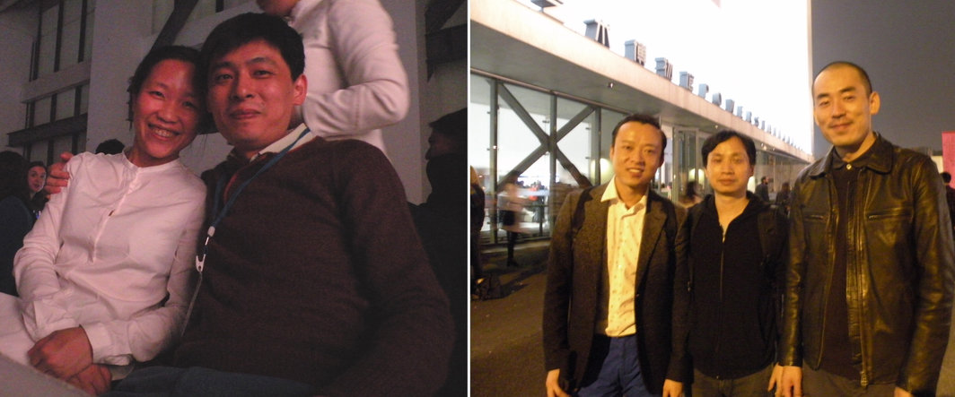 左：批评家卢迎华和艺术家刘鼎；右：艺术家黄然，周滔与张鼎.