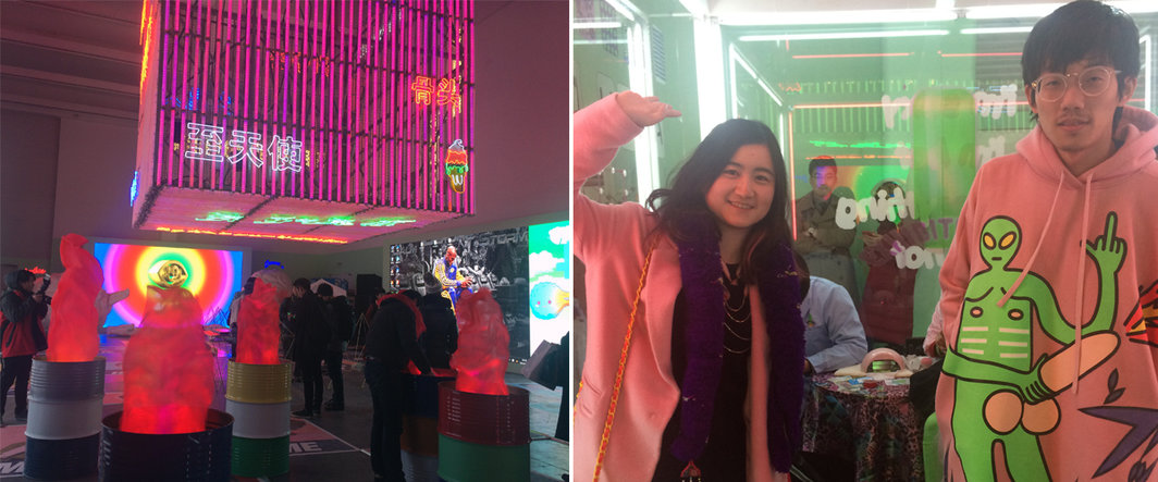 左：展览现场；右：艺术家叶甫纳与陈天灼.