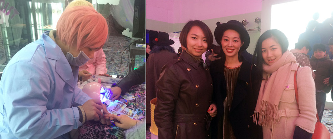 左：《展示癖》展览现场；右：杨画廊的杨洋，艺术家吴笛与沪申画廊的张韵颖.