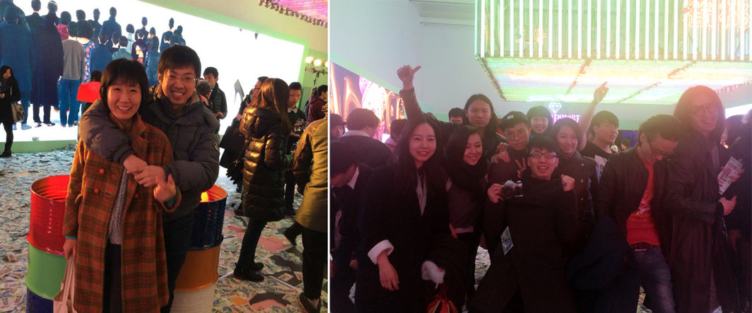 左：艺术家顾颖和刘辛夷；右：合艺典藏的王泡泡（前排左二），艺术家黄丽芽（后排左一），艺术家林科，崔绍翰，杨洋，杨俊岭，王亮与孙慧源.