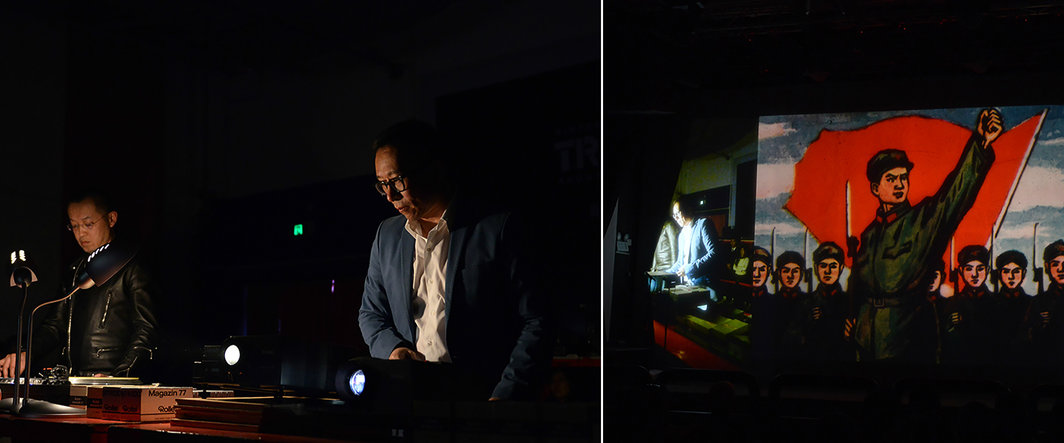 左：艺术家冯梦波与计舟；右：冯梦波作品《幻灯》现场.