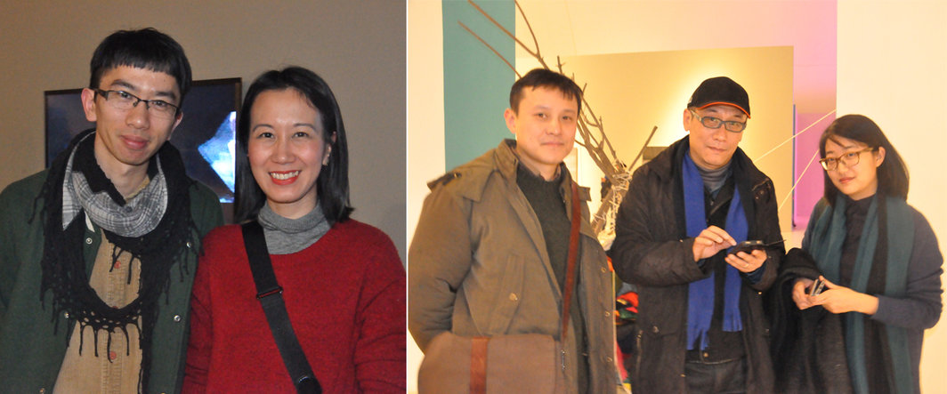 左：艺术家杨健与策展人蔡影茜；右：艺术家宋佳益与展望，以及《现代传播》的贺婧.