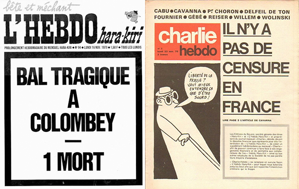 左：《切腹》封面（第九十四期，1970年11月16日）。右：《查理周刊》封面（第一期，1970年11月23日）.