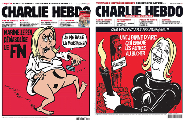 左：《查理周刊》封面（第九百八十四期，2011年4月）。右：《查理周刊》封面（第一千一百四十五期，2014年5月）。