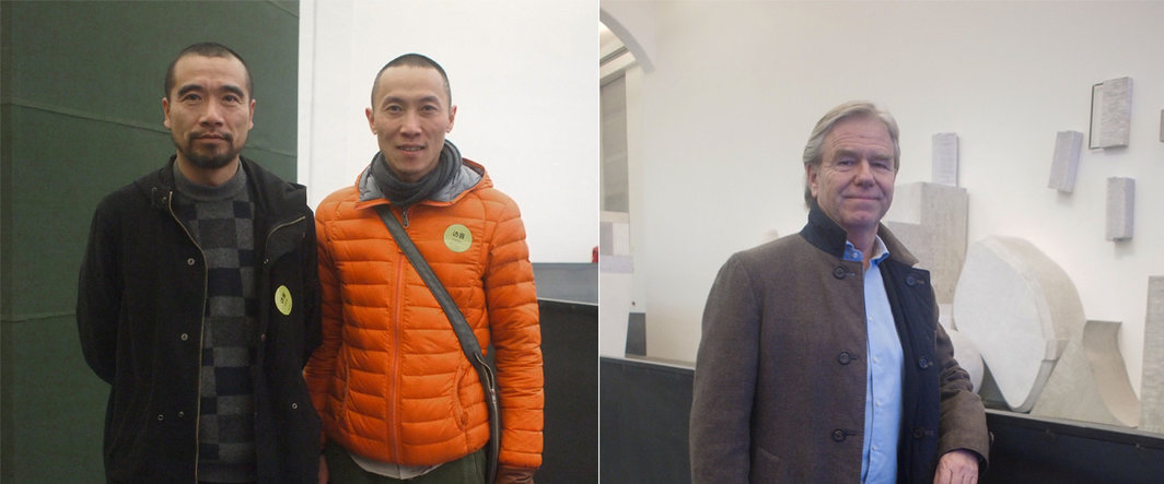 左：艺术家赵洋与陆垒；右：麦勒画廊创始人乌斯·麦勒（Urs Meile）.