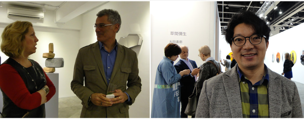 左：北京艺门画廊的马芝安和艺术家Arik Levy，右：艺术家廖国核.