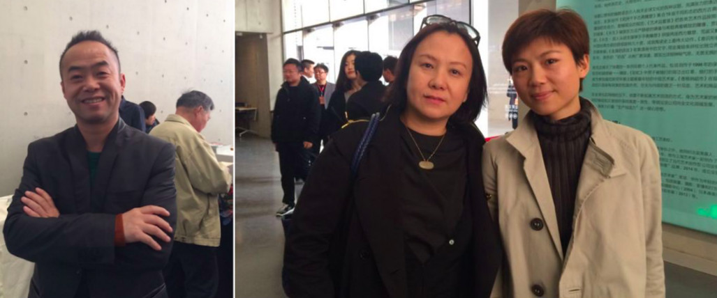 左：艺术家陈文波；右：策展人郭晓彦和民生美术馆的于晓芹.