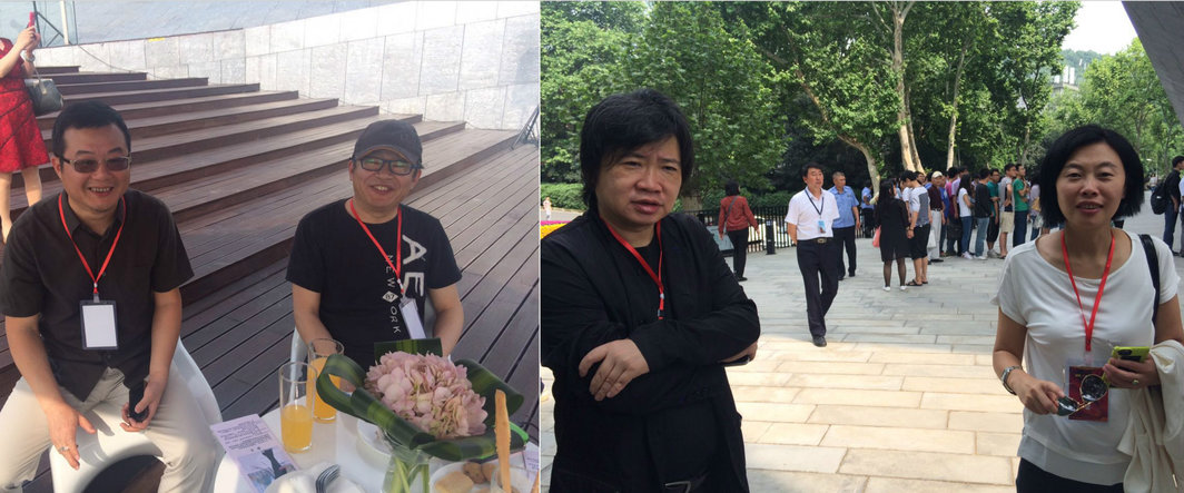 左：嘉德拍卖孟禄新和艺术家孟禄丁；右：艺术家周铁海与新世纪艺术基金会楠楠。