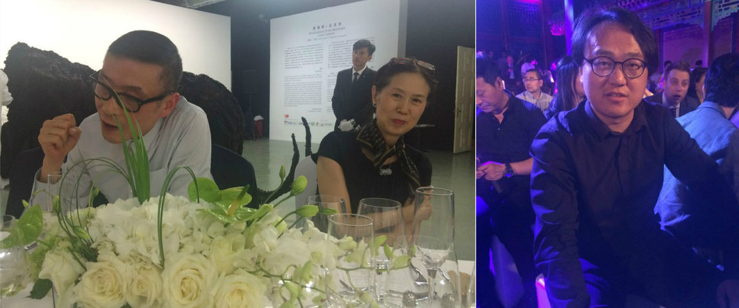 左：艺术家汪建伟及夫人朱光艳；右：策展人、艺术史学家高仕明。