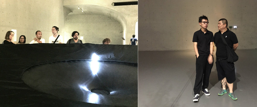 左：艺术家Lucy Clout, 新时线公共项目召集人丁博，新时线运营总监郭城，艺术家Fito Segrera； 右：Teun Vonk与艺术家Aaajiao (徐文恺)。