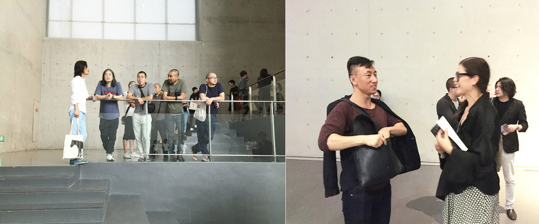 左：艺术家，香格纳画廊总监施勇, 艺术家杨福东, 艺术家叶凌翰, 艺术家赵洋与艺术家金闪；右：天线空间王子与新加坡当代艺术中心馆长，策展人Ute Meta Bauer。