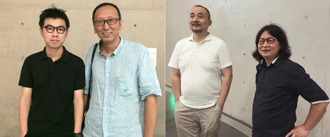 左：艺术家施政与收藏家何飞； 右：集合设计主持设计师卜冰与艺术家丁乙。
