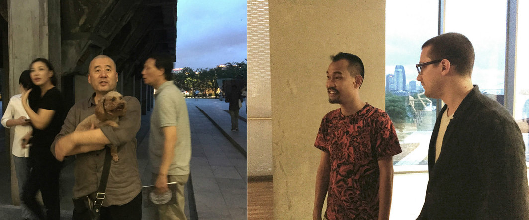 左：艺术家，OCAT上海馆执行馆长，张培力；右：艺术家胡向前与《艺术界》主编岳鸿飞（Robin Peckham）。