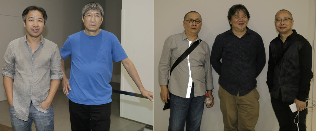 左：艺术家徐红明和批评家费大为；右：艺术家王川，艺术家杨述和千高原画廊的刘杰。