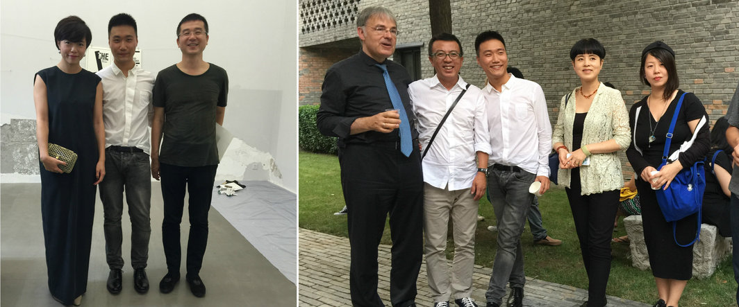 左：蔡荔馨，鄢醒与收藏家乔志兵；右：罗泰，艺术家刘小东，鄢醒，艺术家喻红与宋琨. (摄影：艺术家提供)