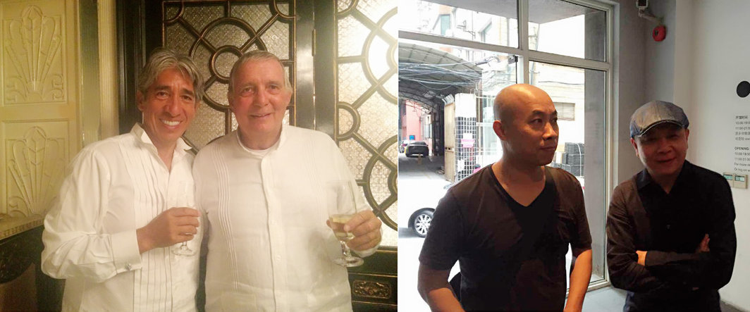 左：皮埃尔•于贝尔与搭档；右:Artlinkart郑为民与艺术家金锋。