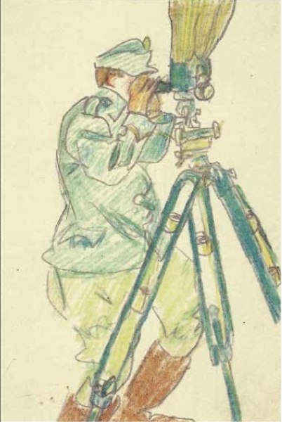 拉兹洛·莫霍利-纳吉，《通过潜望镜观察敌情的士兵》，约1915–1919，纸上彩色铅笔画，53⁄8 × 31⁄2".