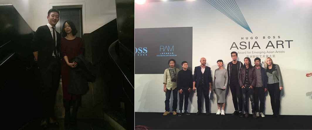 左：外滩美术馆高级策展人李棋与策展人annie；右：艺术家万迪拉塔纳（Vandy Rattana），谷口玛丽亚，外滩美术馆馆长拉瑞斯.弗洛乔，艺术家关小，黄博志，莫萨与杨心广，Hugo Boss文化事务主管Hjördis Kettenbach.