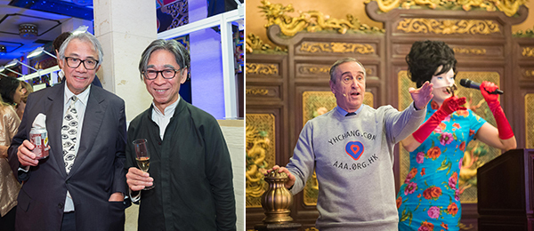 左：收藏家邓永锵和画廊家/收藏家张颂仁；右：佳士得的Francois Curiel和艺术家黄汉明. （摄影：Dave Choi/亚洲艺术文献库）