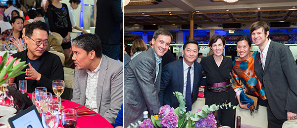 左：郑道炼和艺术家Paul Pfeiffer；右：Alp Ercil, Joe Bae, Spring Workshop创始人Mimi Brown, Marisa Yiu, 以及Eric Schuldenfrei. （摄影：Dave Choi/亚洲艺术文献库）