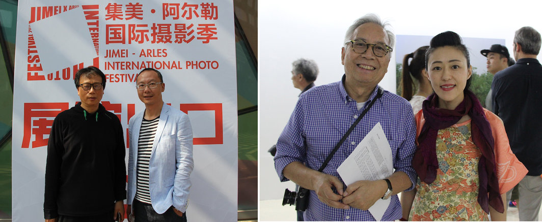 左：艺术家胡介鸣和尚暾；右：摄影家刘香成与艺术家、三影堂创始人之一映里.