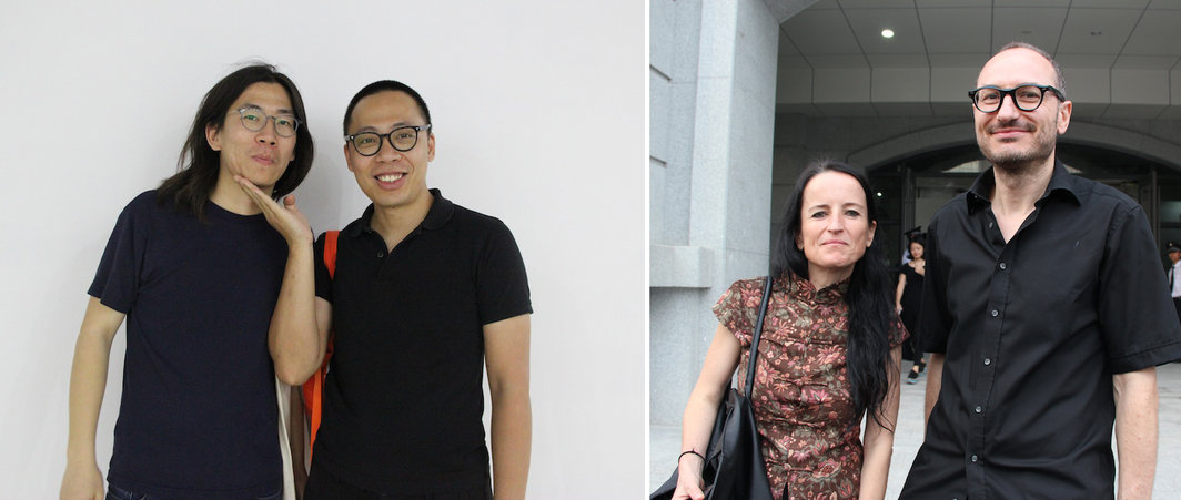 左：《艺术世界》编辑王懿泉与艺术家陈霄；右：瑞士艺术家Gaby Steiner与德国艺术家Albert Weis.