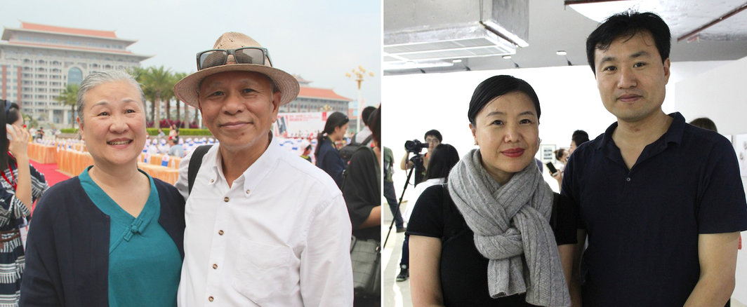 左：摄影家阮义忠及夫人作家袁瑶瑶；右：林风眠艺术园艺术总监姚远东方与上海二十一世纪民生美术馆副馆长李峰