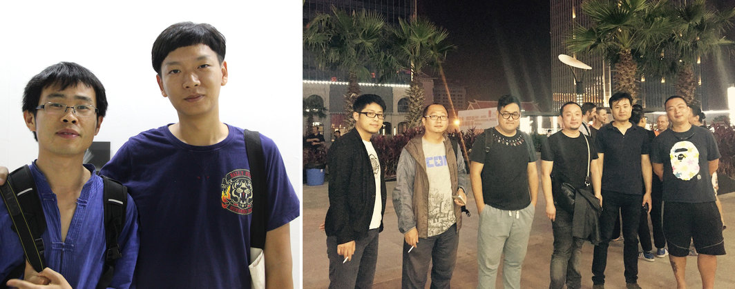 左：艺术家廖文峰和胡为一；右：艺术家王旭、李树、杨威、王郁洋、上海二十一世纪民生美术馆副馆长李峰和厦门本地画廊主王禹杰(图片由李逦提供).