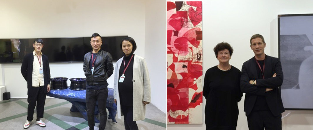 左：天线空间的陈玺安，王子与黄乐；右：Galerie Chantal Crousel创办人Chantal Crousel与其子Niklas Svennung.