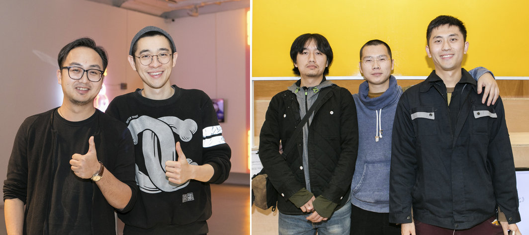 左：策展人林书传和陈陈陈；右：艺术家唐潮，刘亚和佩恩恩.